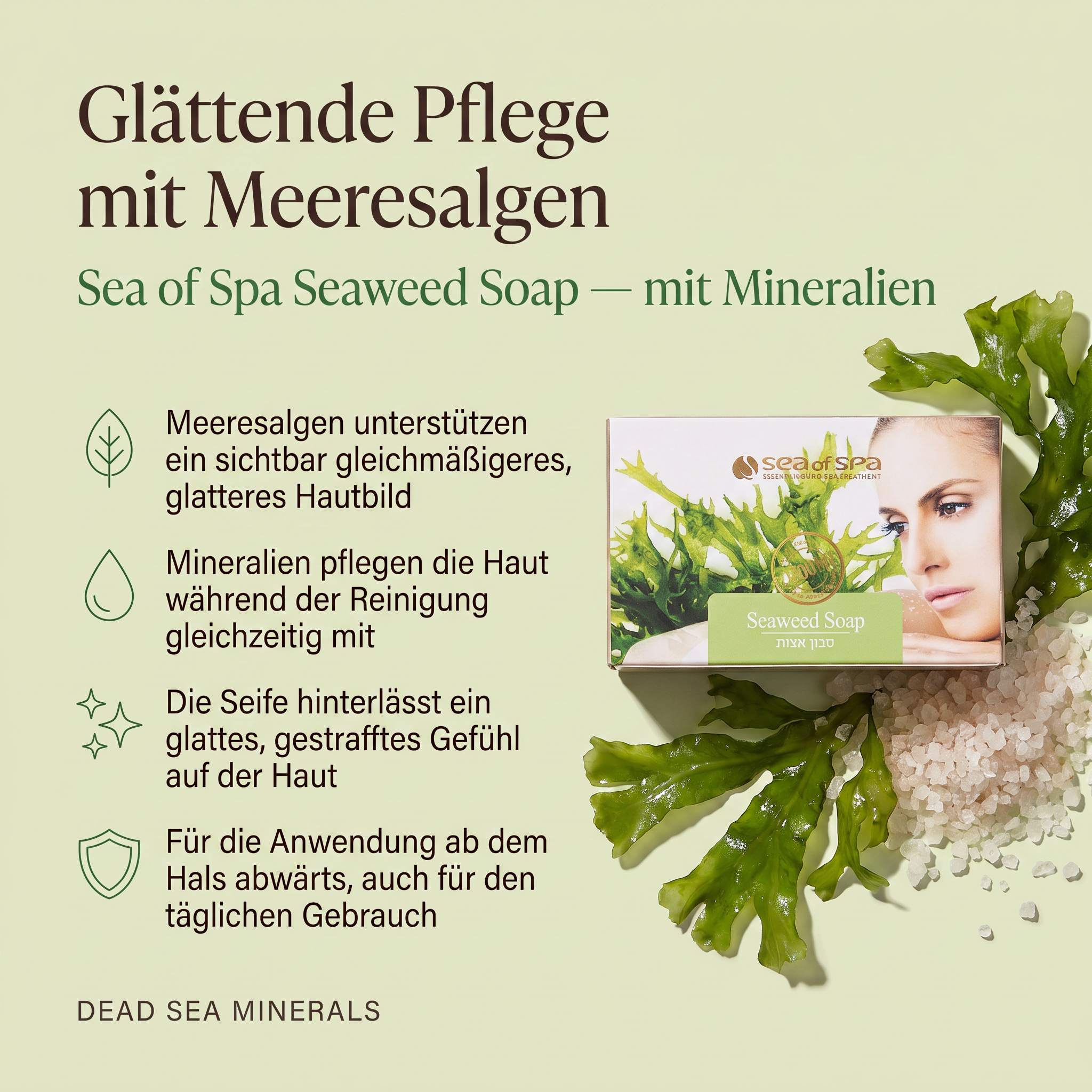 Vorteile der Sea of Spa Algenseife: Meeresalgen unterstützen ein sichtbar gleichmäßigeres, glatteres Hautbild, Mineralien pflegen die Haut während der Reinigung gleichzeitig mit, hinterlässt ein glattes, gestrafftes Gefühl auf der Haut, für die tägliche Anwendung ab dem Hals abwärts geeignet
