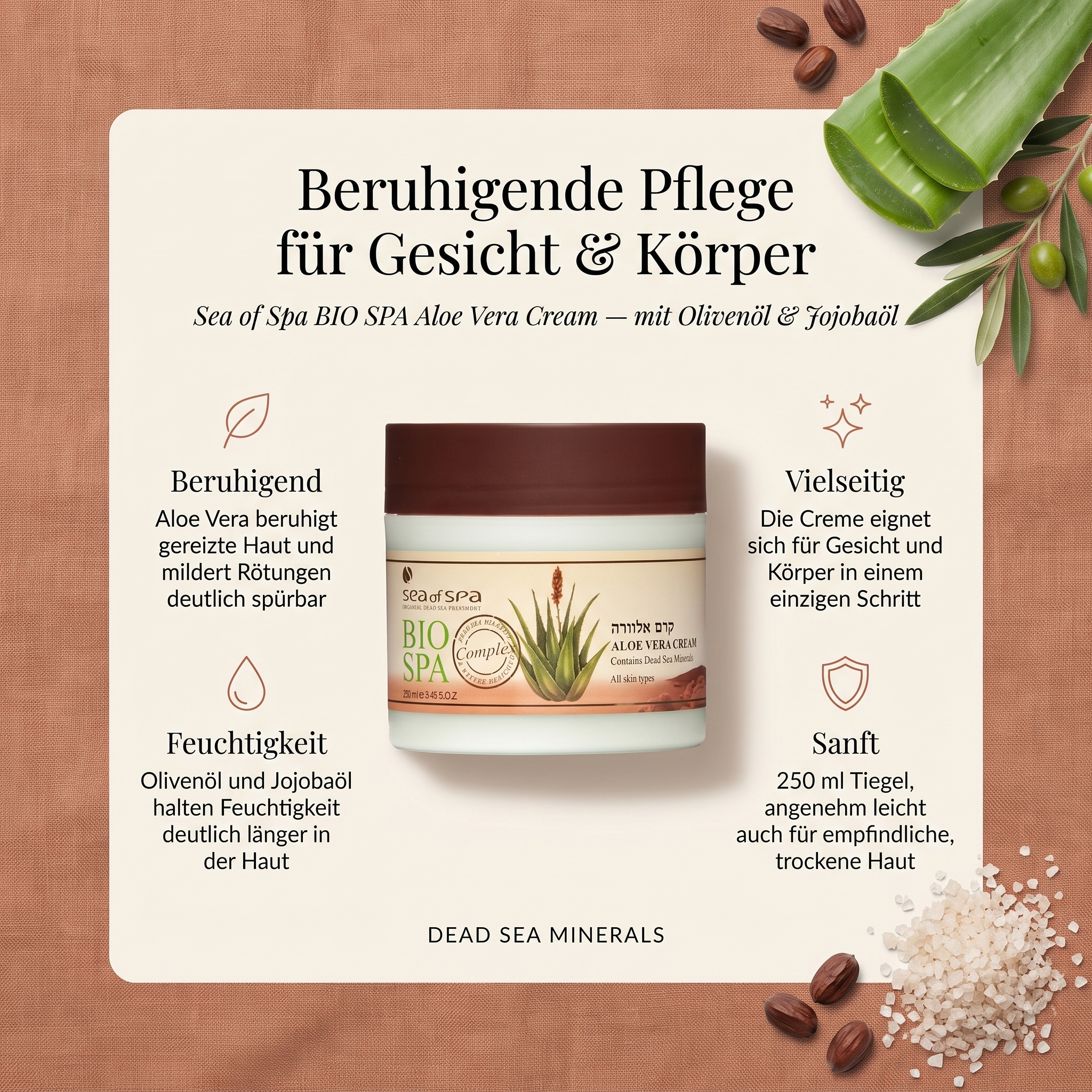 Vorteile der Sea of Spa Aloe Vera Creme: Aloe Vera beruhigt gereizte Haut und mildert Rötungen spürbar, Olivenöl und Jojobaöl halten Feuchtigkeit deutlich länger in der Haut, eignet sich für Gesicht und Körper in einem einzigen Schritt, angenehm leicht auch für empfindliche, trockene Haut