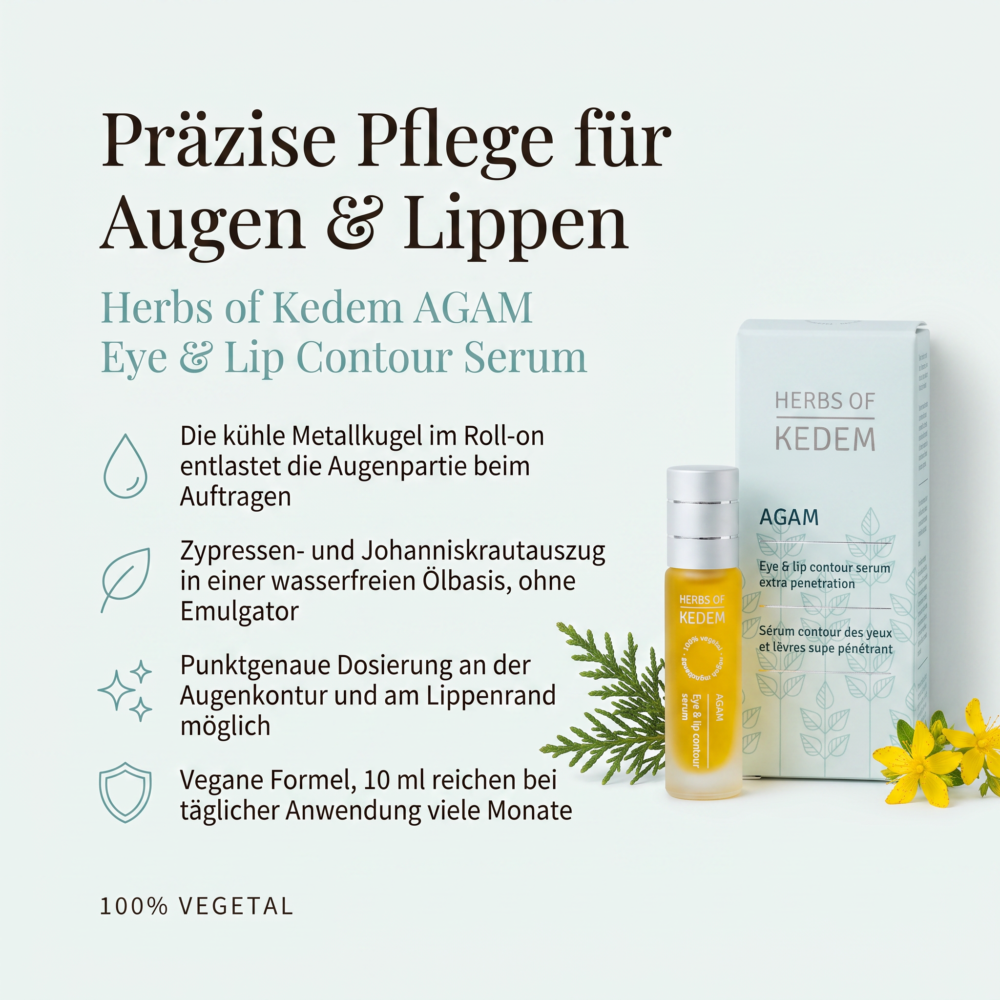 Vorteile des Kedem Augen- und Lippenserums: die kühle Metallkugel im Roll-on entlastet die Augenpartie beim Auftragen, Zypressen- und Johanniskrautauszug in wasserfreier Ölbasis, punktgenaue Dosierung an Augenkontur und Lippenrand, vegane Formel