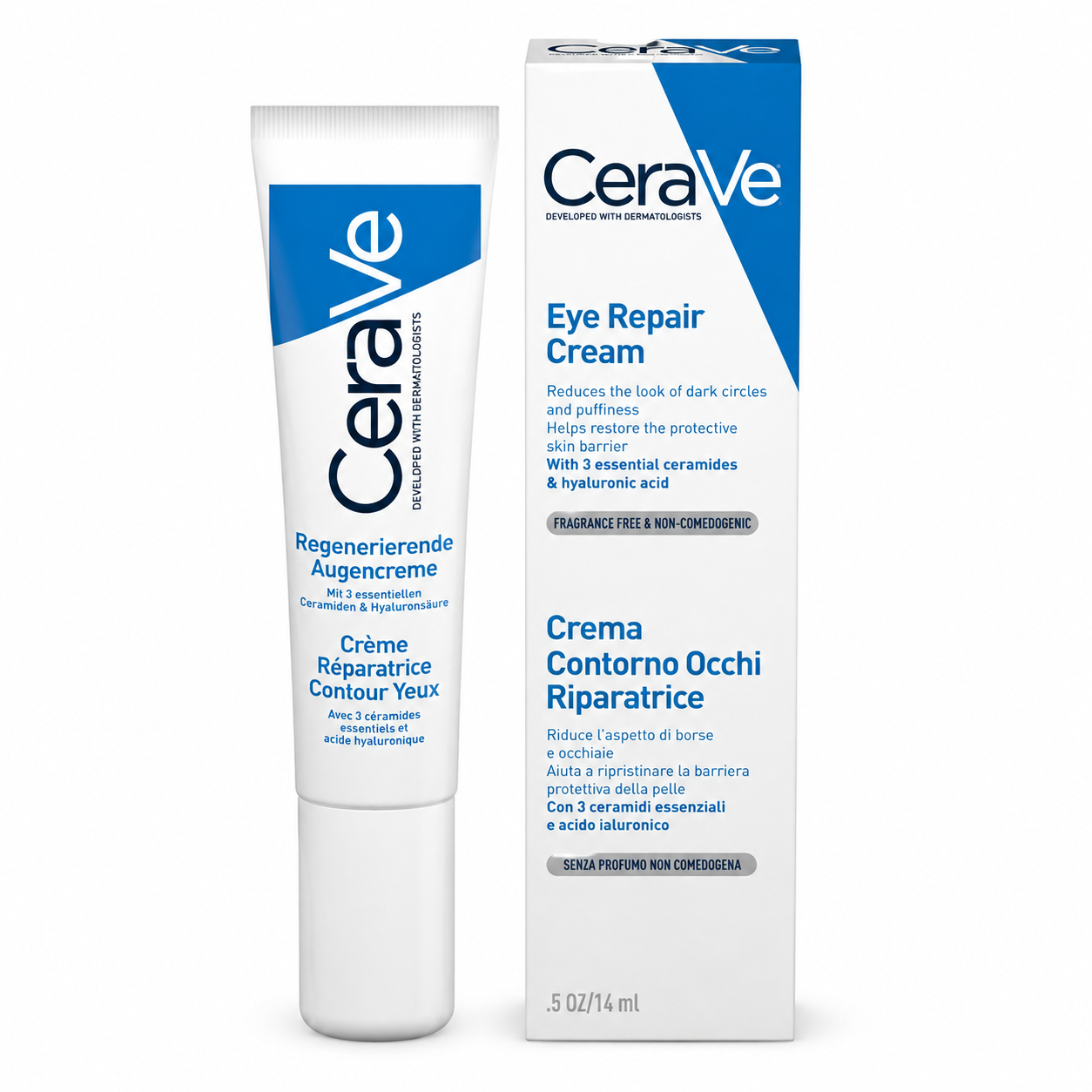 CeraVe Augencreme gegen Augenringe mit Hyaluron und Ceramiden, Tube und Verpackung, 14 ml
