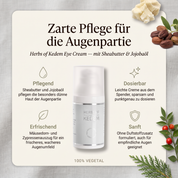 Vorteile der Kedem Augencreme: Sheabutter und Jojobaöl pflegen die besonders dünne Haut der Augenpartie, Mäusedorn- und Zypressenauszug für ein frischeres Augenumfeld, sparsam dosierbare Creme aus dem Spender, ohne Duftstoffzusatz