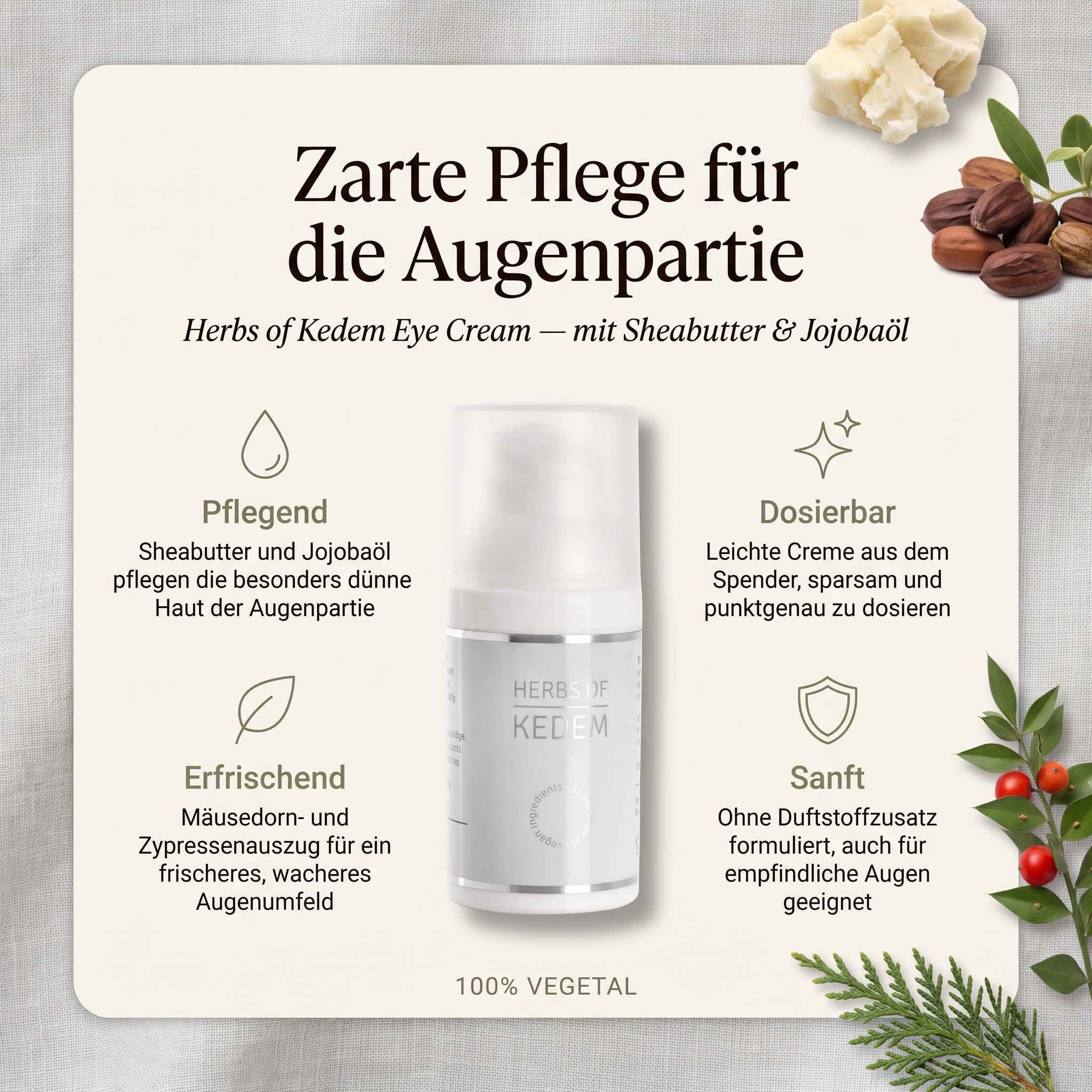 Vorteile der Kedem Augencreme: Sheabutter und Jojobaöl pflegen die besonders dünne Haut der Augenpartie, Mäusedorn- und Zypressenauszug für ein frischeres Augenumfeld, sparsam dosierbare Creme aus dem Spender, ohne Duftstoffzusatz