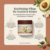 Vorteile der Sea of Spa Avocadocreme: Avocadoöl versorgt trockene Haut mit besonders reichhaltiger Feuchtigkeit, die Creme ist für Gesicht und Körper gedacht und spart einen Schritt, Sheabutter und Jojobaöl stärken die Hautbarriere sichtbar, 250-ml-Tiegel sehr ergiebig durch die konzentrierte Textur