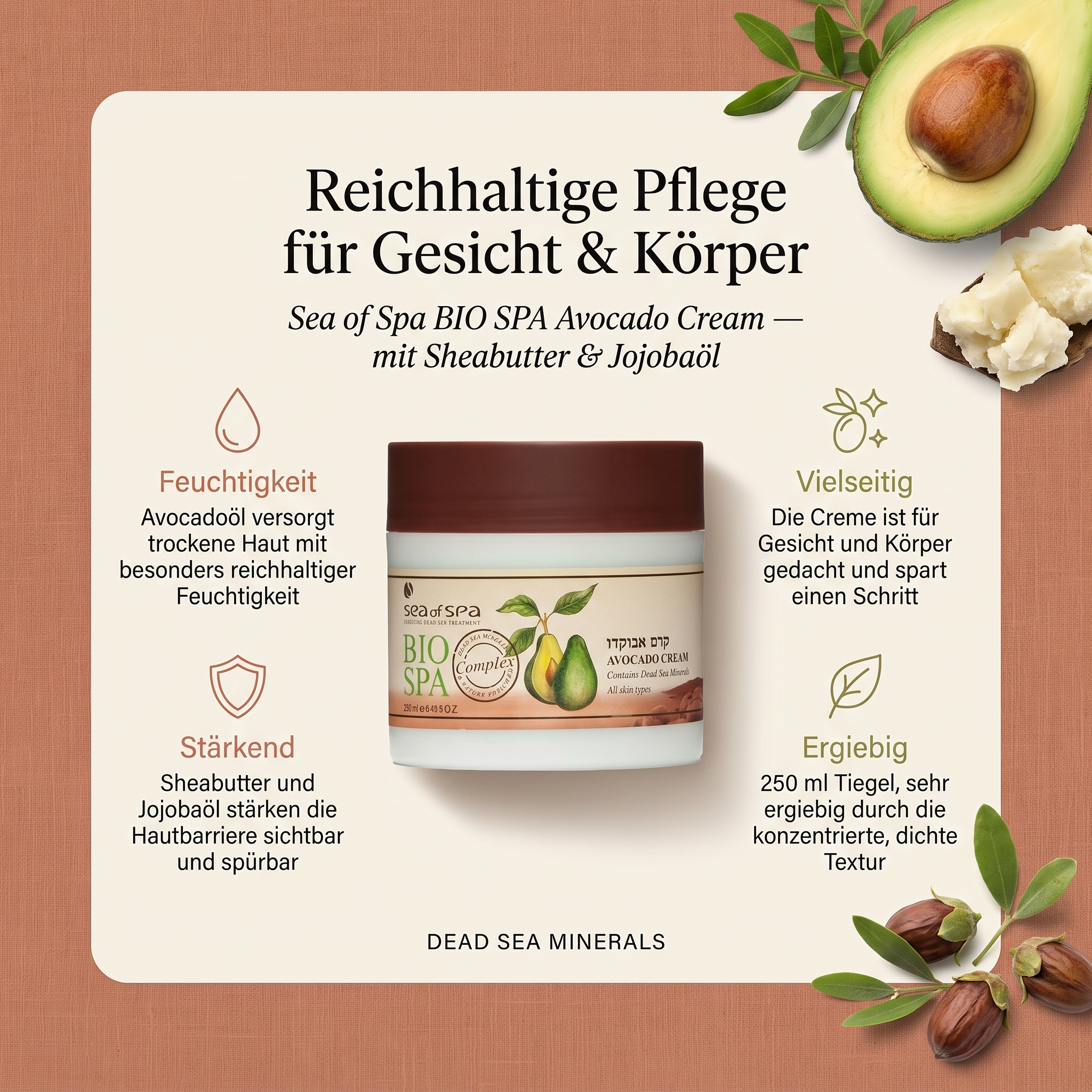 Vorteile der Sea of Spa Avocadocreme: Avocadoöl versorgt trockene Haut mit besonders reichhaltiger Feuchtigkeit, die Creme ist für Gesicht und Körper gedacht und spart einen Schritt, Sheabutter und Jojobaöl stärken die Hautbarriere sichtbar, 250-ml-Tiegel sehr ergiebig durch die konzentrierte Textur