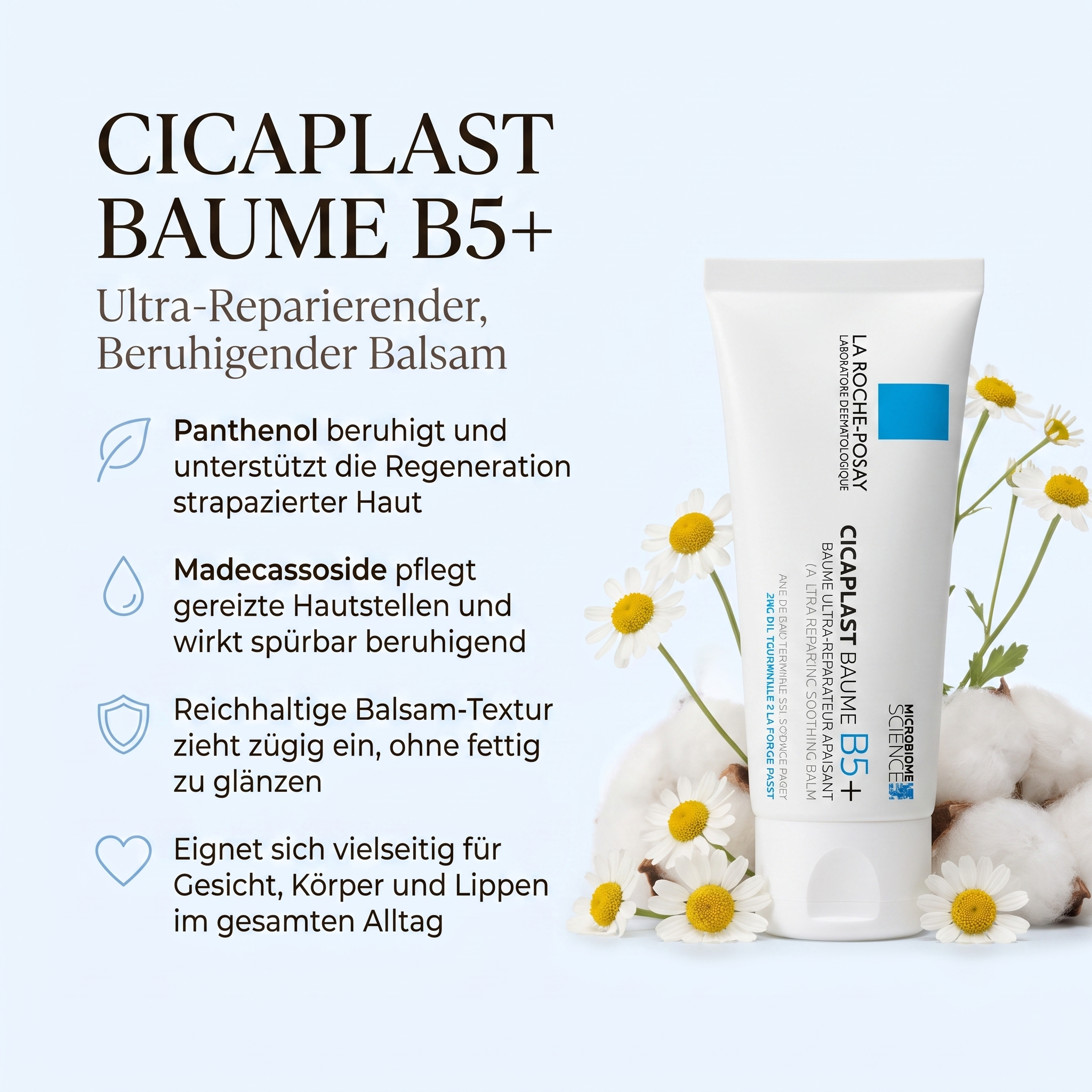 Vorteile des La Roche-Posay Balsams: Panthenol unterstützt die Regeneration, Madecassoside beruhigt gereizte Haut, reichhaltige Textur ohne Fettglanz, vielseitig für Gesicht, Körper und Lippen