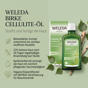 Vorteile des Weleda Cellulite-Öls: Birkenblätter-Extrakt strafft die Haut, 22% festere Haut nach 28 Tagen, Aprikosenkernöl pflegt geschmeidig, vegane NATRUE-zertifizierte Formel