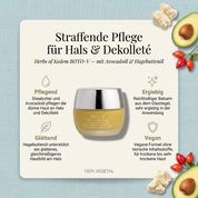 Vorteile der Kedem Dekolleté Creme: Sheabutter und Avocadoöl pflegen die dünne Haut an Hals und Dekolleté, Hagebuttenöl glättet das Hautbild, reichhaltiger Balsam aus dem Glastiegel, vegane Formel