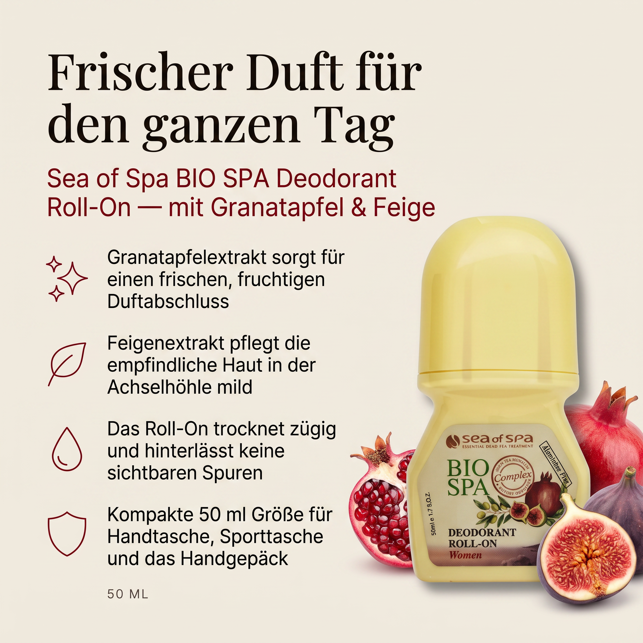 Vorteile des Sea of Spa Deo Roll-Ons: Granatapfelextrakt sorgt für einen frischen, fruchtigen Duftabschluss, Feigenextrakt pflegt die empfindliche Haut in der Achselhöhle mild, trocknet zügig und hinterlässt keine sichtbaren Spuren, kompakte 50-ml-Größe für Handtasche und Handgepäck
