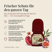 Vorteile des Sea of Spa Deo Roll-Ons: Granatapfelextrakt sorgt für einen frischen, dezent fruchtigen Duft, Feigenextrakt pflegt die empfindliche Haut der Achselhöhle sanft, trocknet schnell und hinterlässt keine sichtbaren Rückstände, kompakte 50-ml-Größe für unterwegs