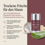 Vorteile des Sea of Spa Deostick: Perlenextrakt pflegt die Haut in der Achselhöhle bei jeder Anwendung, Sheabutter und Aloe Vera mildern Spannungsgefühl nach der Nassrasur, trockener Auftrag zieht sofort vollständig ein, kompaktes 75-ml-Format ohne Flüssigkeit