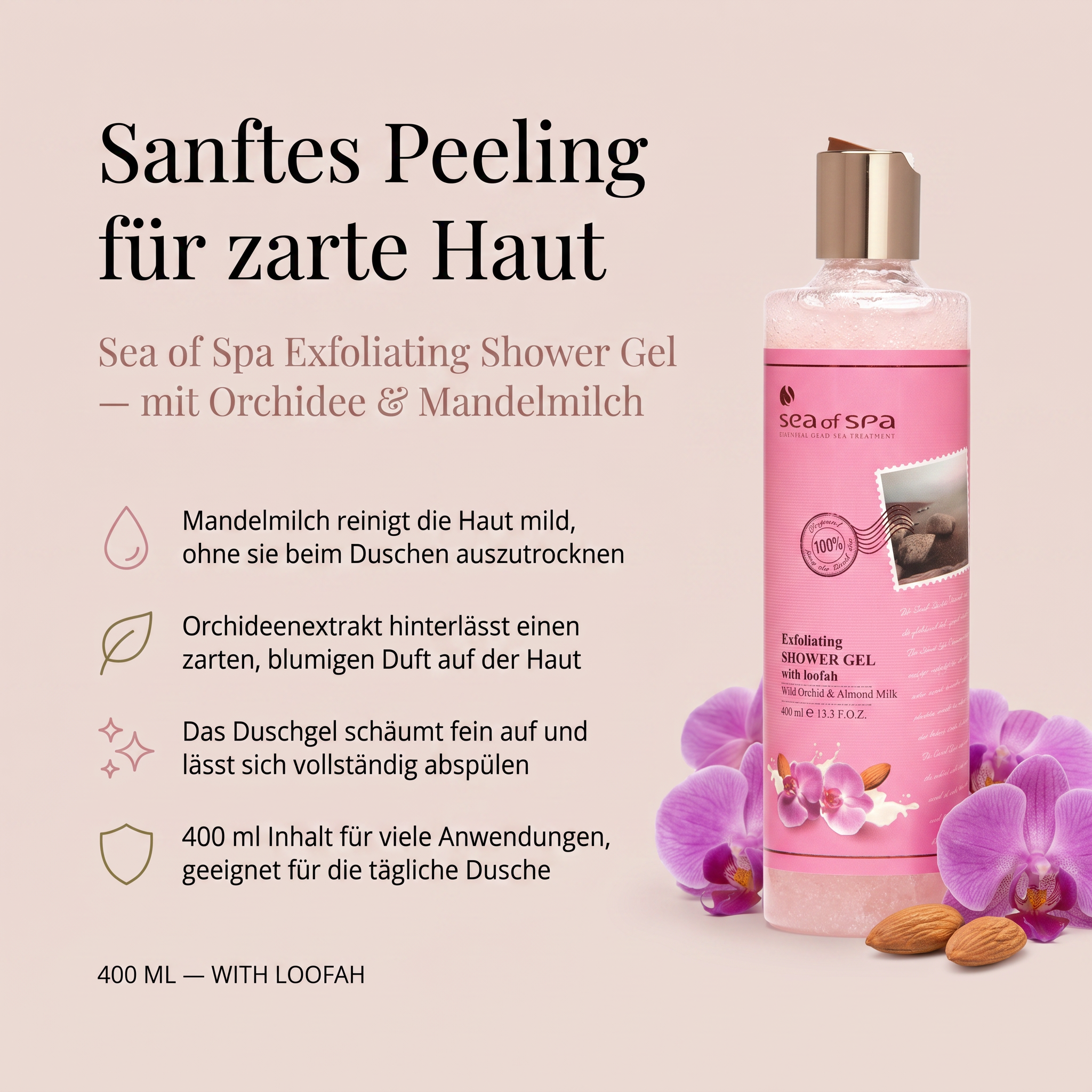 Vorteile des BIOSPA Duschgels: Mandelmilch pflegt die Haut mild während der Reinigung, Orchideenextrakt hinterlässt einen zarten Blütenduft, sanfte Formel für den täglichen Gebrauch, für alle Hauttypen geeignet