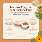 Vorteile der Sea of Spa Fußbutter: Sheabutter macht verhornte Fußhaut deutlich weicher, Pflanzenöle wie Avocado- und Jojobaöl pflegen sehr trockene Füße, dickere Textur bleibt lange auf der Haut, ideal für die intensive Pflege über Nacht