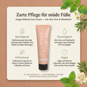 Vorteile der Arugot Fußcreme: Melissenwasser beruhigt beanspruchte Fußhaut und mildert sichtbare Rötungen, Aloe Vera und Sheabutter versorgen raue Hornhaut mit Feuchtigkeit, Teebaumöl sorgt für ein klares, frisches Gefühl an Fußsohle und Ferse, vegan zertifizierte Fußcreme ohne fettigen Film auf der Haut