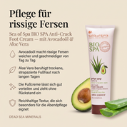 Vorteile der Sea of Spa Fußcreme: Avocadoöl und Aloe Vera pflegen raue, rissige Fersen intensiv, reichhaltige Textur für stark beanspruchte Fußhaut, angereichert mit Mineralien des Toten Meeres, zieht vollständig ein
