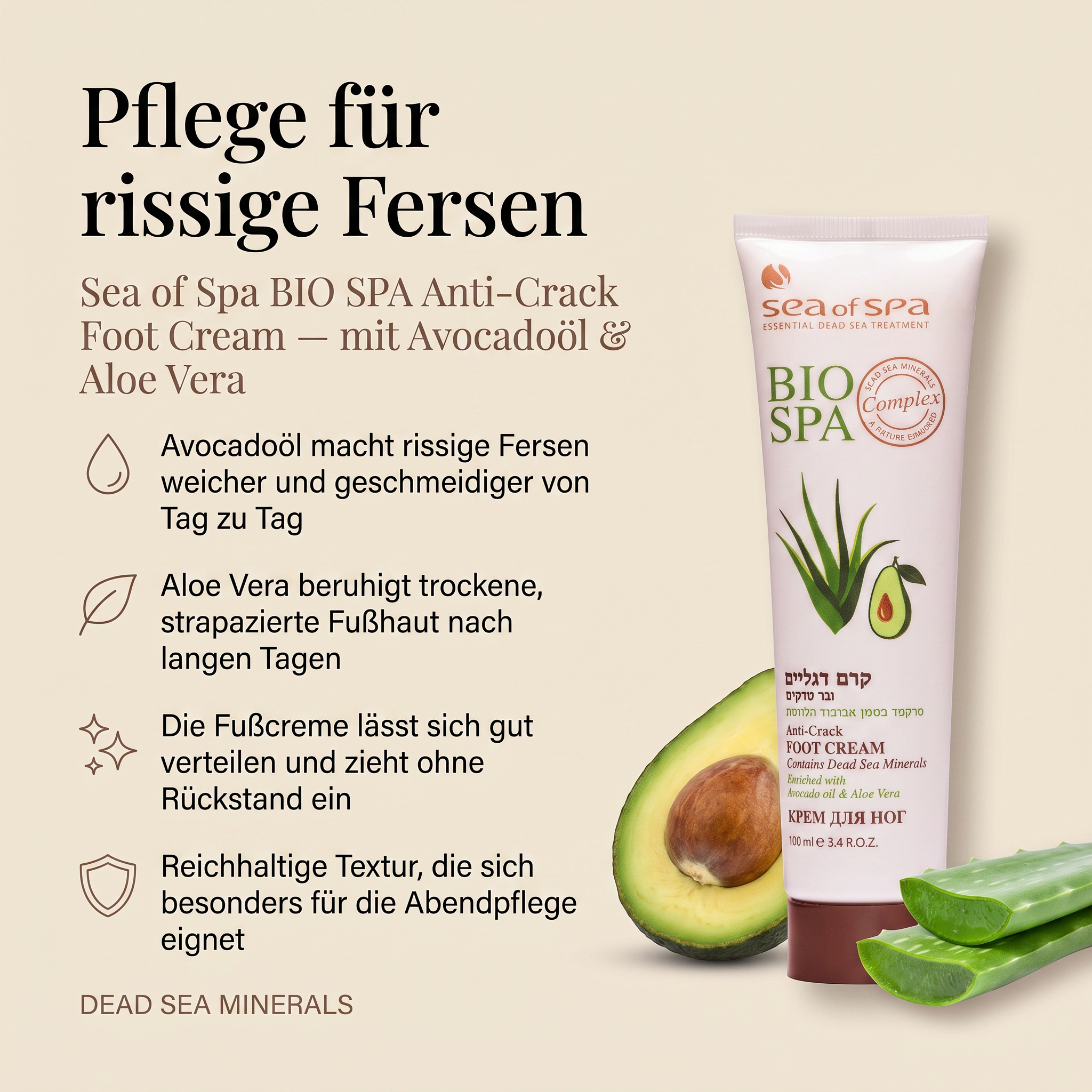 Vorteile der Sea of Spa Fußcreme: Avocadoöl und Aloe Vera pflegen raue, rissige Fersen intensiv, reichhaltige Textur für stark beanspruchte Fußhaut, angereichert mit Mineralien des Toten Meeres, zieht vollständig ein
