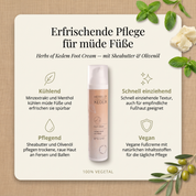 Vorteile der Kedem Fußcreme: Minzextrakt und Menthol kühlen müde Füße spürbar, Sheabutter und Olivenöl pflegen trockene, raue Haut an Fersen und Ballen, schnell einziehende Textur auch für empfindliche Fußhaut, vegane Formel