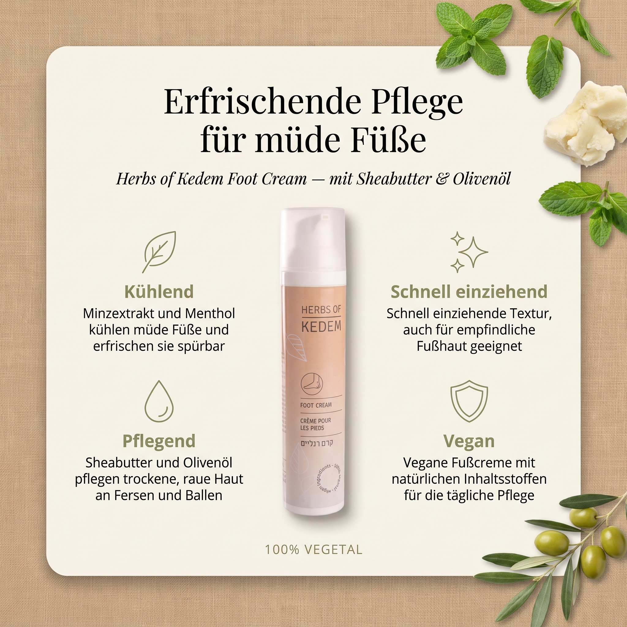 Vorteile der Kedem Fußcreme: Minzextrakt und Menthol kühlen müde Füße spürbar, Sheabutter und Olivenöl pflegen trockene, raue Haut an Fersen und Ballen, schnell einziehende Textur auch für empfindliche Fußhaut, vegane Formel