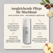 Vorteile der Kedem Gesichtscreme: Jojobaöl pflegt reifere Mischhaut, Sheabutter und Apfelextrakt für gleichmäßiges Hautbild, mitteldichte Creme morgens und abends, gezielt für glänzende und trockene Partien