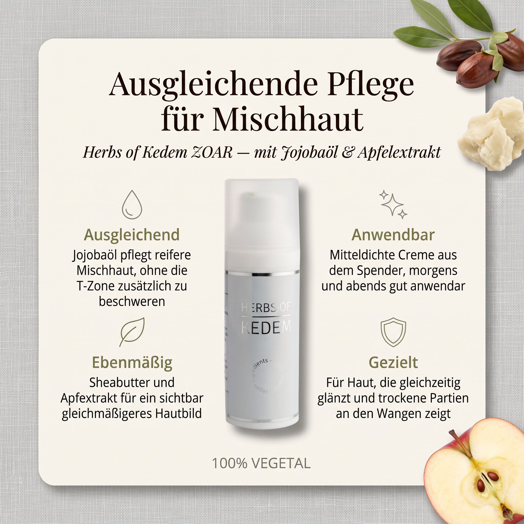 Vorteile der Kedem Gesichtscreme: Jojobaöl pflegt reifere Mischhaut, Sheabutter und Apfelextrakt für gleichmäßiges Hautbild, mitteldichte Creme morgens und abends, gezielt für glänzende und trockene Partien