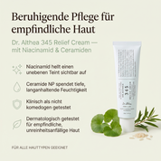 Vorteile der Dr.Althea 345 Relief Cream: Niacinamid hellt den Teint auf, Ceramide NP spenden Feuchtigkeit, klinisch nicht komedogen getestet