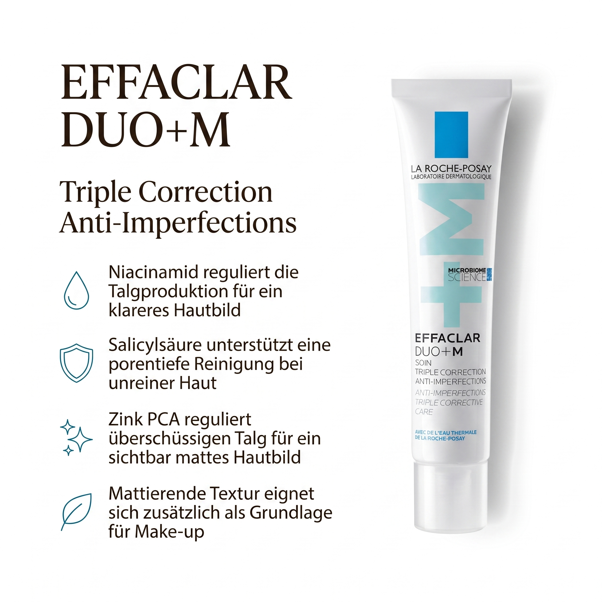 Vorteile der La Roche-Posay Gesichtscreme: Niacinamid reguliert die Talgproduktion, Salicylsäure reinigt die Poren, Zink PCA für mattes Hautbild, mattierende Grundlage für Make-up