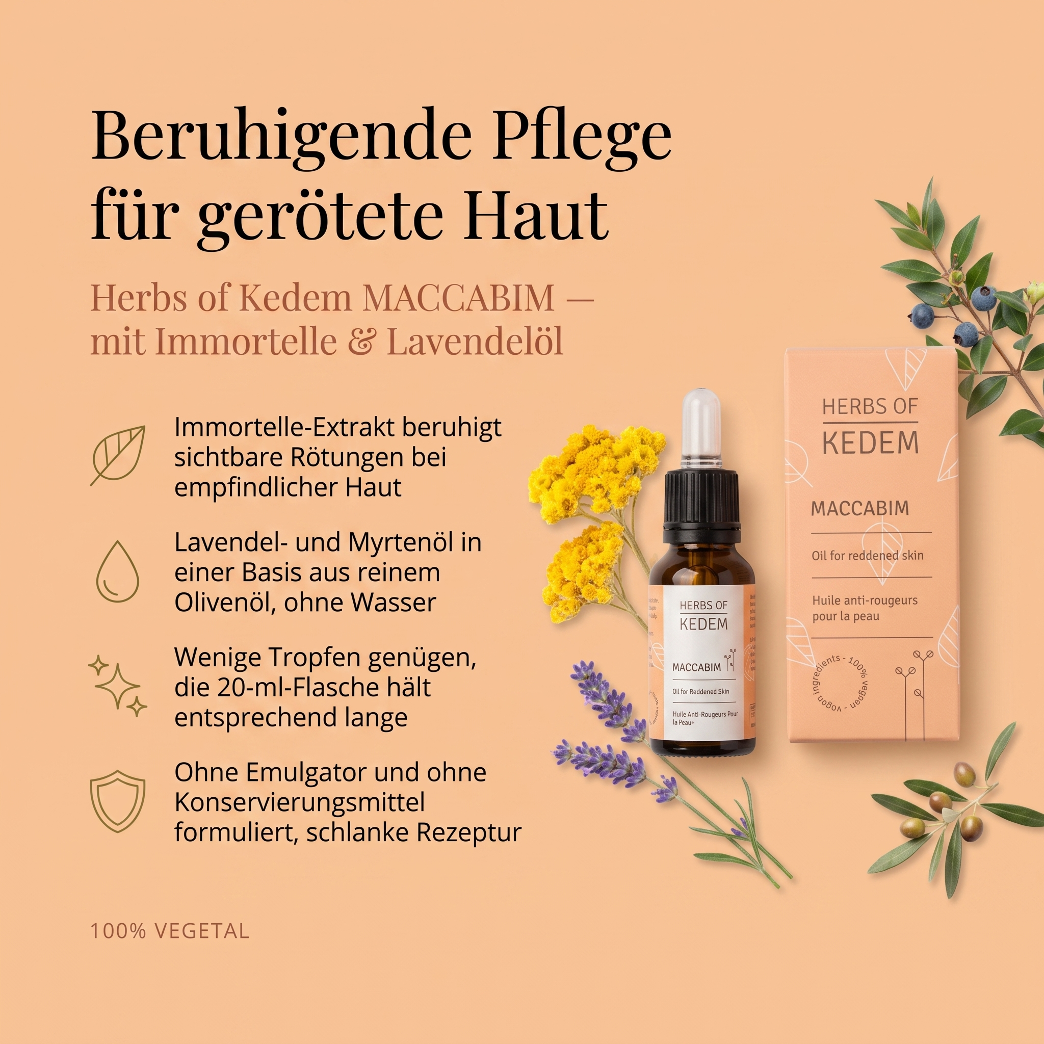 Vorteile des Kedem Gesichtsöls: Immortelle-Extrakt beruhigt sichtbare Rötungen bei empfindlicher Haut, Lavendel- und Myrtenöl in einer Basis aus reinem Olivenöl, wenige Tropfen genügen, ohne Emulgator und Konservierungsmittel formuliert