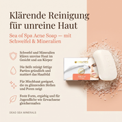 Vorteile der Sea of Spa Gesichtsseife: Schwefel und Mineralien klären unreine Haut im Gesicht und am Körper, reinigt fettige Partien gründlich und mattiert das Hautbild, für Mischhaut geeignet, die zu glänzenden Stellen und Poren neigt, feste Form ergiebig für Jugendliche wie Erwachsene