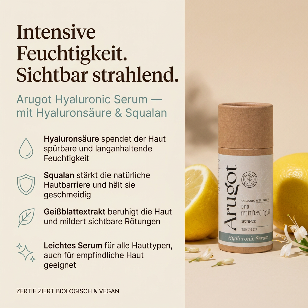 Vorteile des Arugot Gesichtsserums: Hyaluronsäure spendet der Haut spürbare und langanhaltende Feuchtigkeit, Squalan stärkt die natürliche Hautbarriere und hält sie geschmeidig, leichtes Serum für alle Hauttypen, auch für empfindliche Haut geeignet