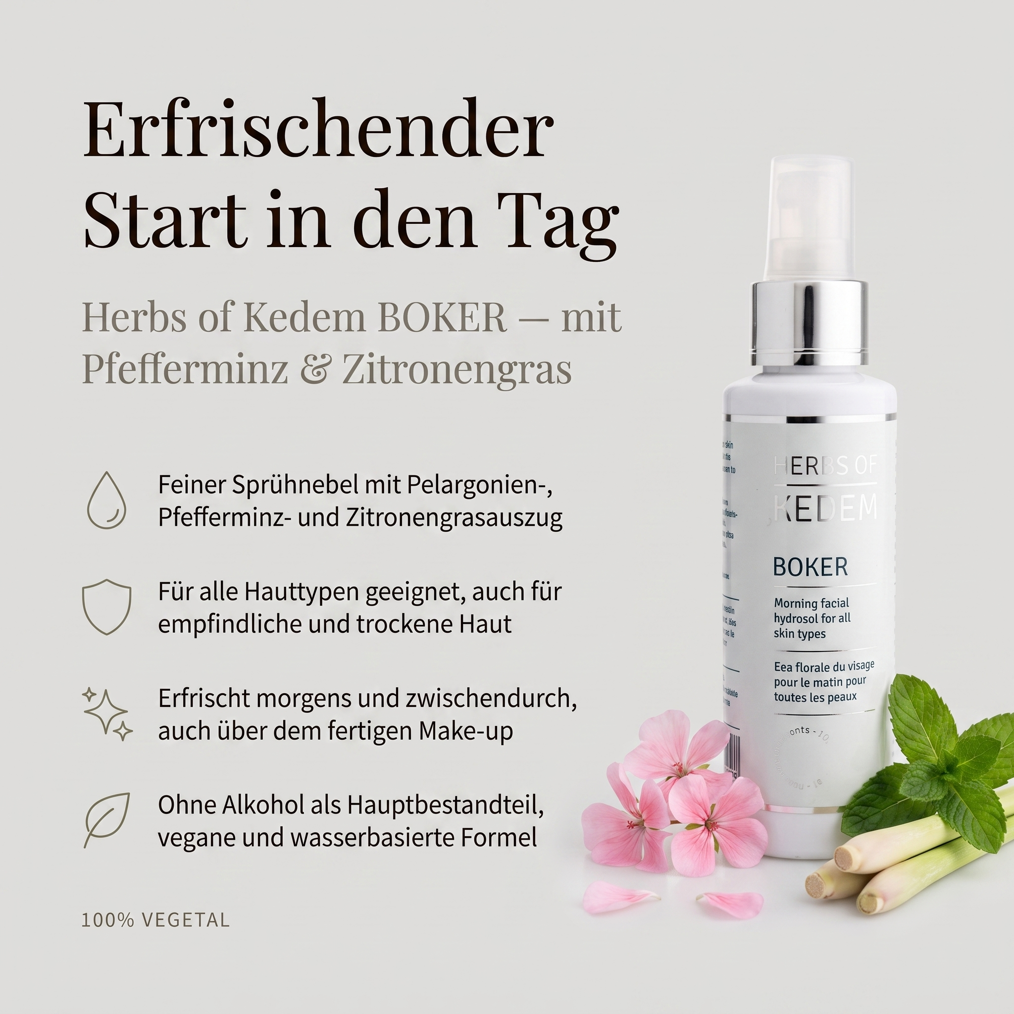 Vorteile des Kedem Gesichtssprays: feiner Sprühnebel mit Pelargonie, Pfefferminze und Zitronengras, für alle Hauttypen geeignet, erfrischt auch über Make-up, ohne Alkohol als Hauptbestandteil