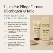 Vorteile der Sea of Spa Handcreme: Mineralschlamm macht raue Ellenbogen und Knie deutlich weicher, Mineralien pflegen verhornte Hautpartien intensiv, bewusst reichhaltige Textur für stark beanspruchte Stellen, sparsam im Verbrauch durch die dichte Textur