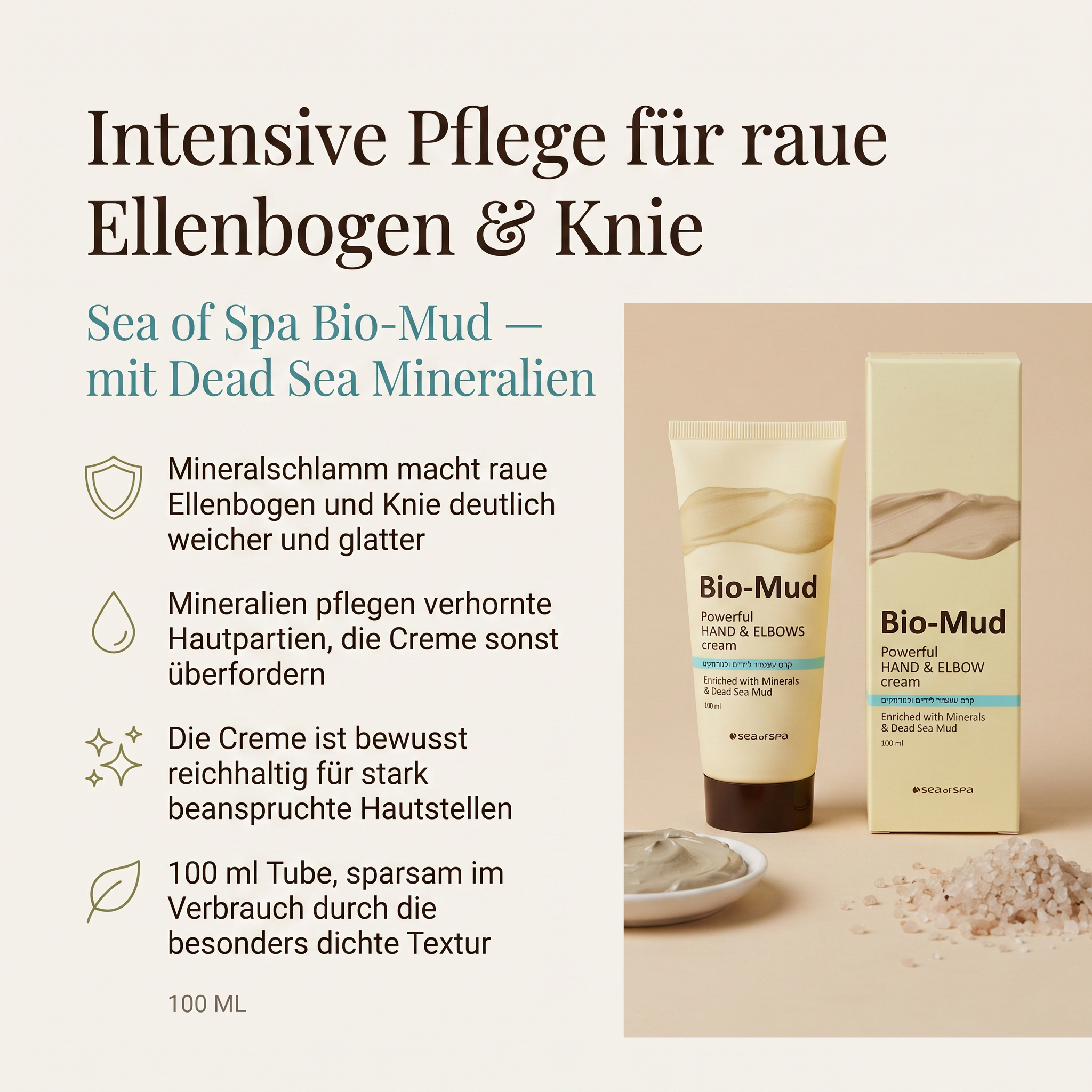 Vorteile der Sea of Spa Handcreme: Mineralschlamm macht raue Ellenbogen und Knie deutlich weicher, Mineralien pflegen verhornte Hautpartien intensiv, bewusst reichhaltige Textur für stark beanspruchte Stellen, sparsam im Verbrauch durch die dichte Textur