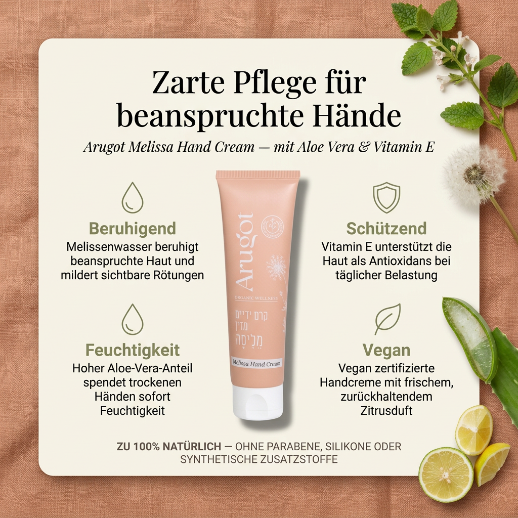 Vorteile der Arugot Handcreme: Melissenwasser beruhigt beanspruchte Haut und mildert sichtbare Rötungen, hoher Aloe-Vera-Anteil spendet trockenen Händen sofort Feuchtigkeit, Vitamin E unterstützt die Haut als Antioxidans bei täglicher Belastung, vegan zertifizierte Handcreme mit frischem, zurückhaltendem Zitrusduft