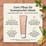 Vorteile der Arugot Handcreme: Melissenwasser beruhigt beanspruchte Haut und mildert sichtbare Rötungen, hoher Aloe-Vera-Anteil spendet trockenen Händen sofort Feuchtigkeit, Vitamin E unterstützt die Haut als Antioxidans bei täglicher Belastung, vegan zertifizierte Handcreme mit frischem, zurückhaltendem Zitrusduft