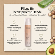 Vorteile der Kedem Handcreme: Aloe Vera und Sheabutter spenden Feuchtigkeit, zieht schnell ein, Macadamia- und Avocadoöl stärken die Haut, vegane Formel
