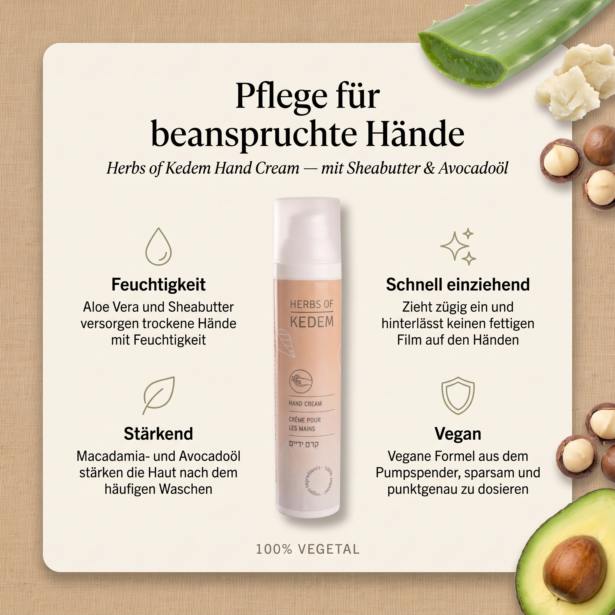 Vorteile der Kedem Handcreme: Aloe Vera und Sheabutter spenden Feuchtigkeit, zieht schnell ein, Macadamia- und Avocadoöl stärken die Haut, vegane Formel