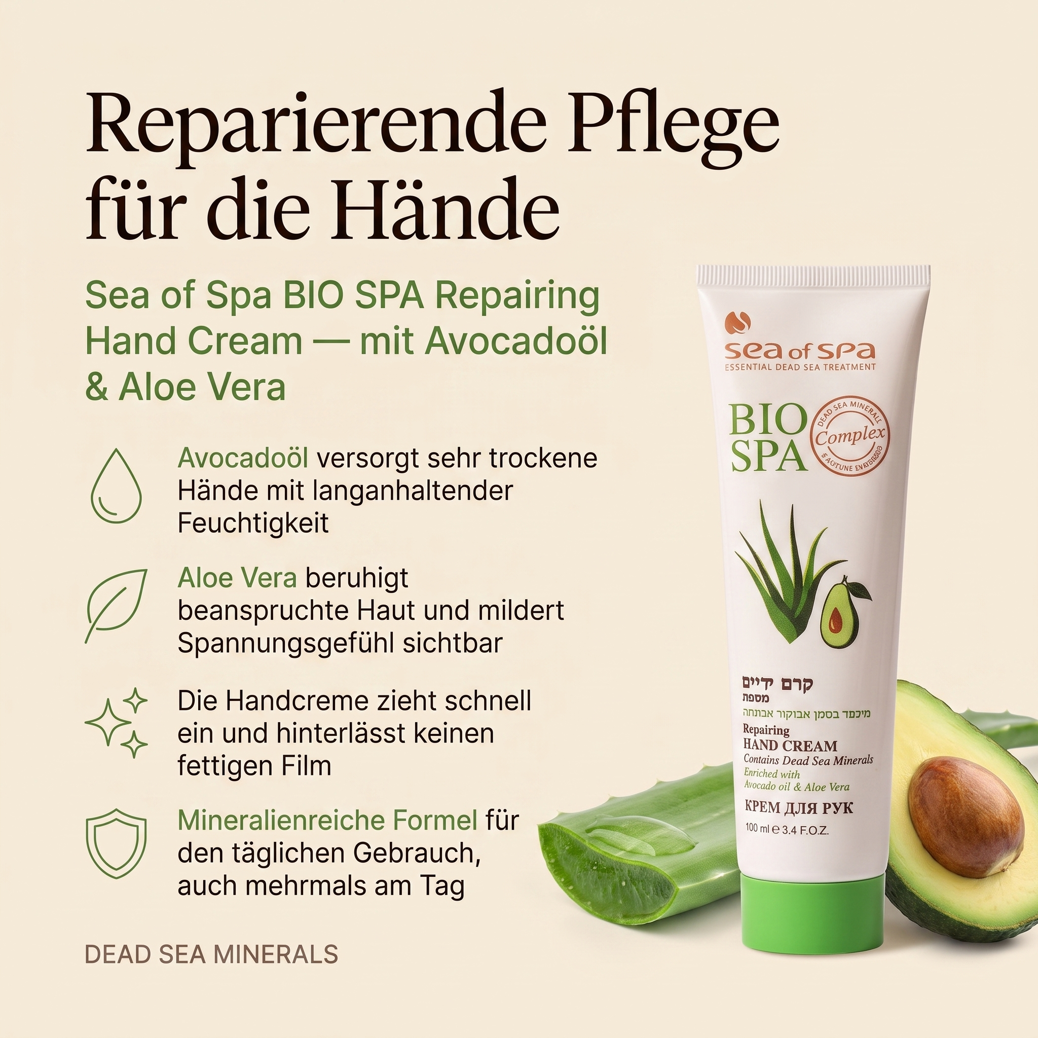 Vorteile der Sea of Spa Handcreme: Avocadoöl und Aloe Vera spenden trockenen Händen intensive Feuchtigkeit, zieht schnell ein ohne fettigen Film, angereichert mit Mineralien des Toten Meeres, für den täglichen Gebrauch geeignet