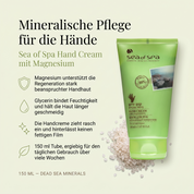 Vorteile der Sea of Spa Handcreme: Magnesium unterstützt die Regeneration stark beanspruchter Handhaut, Glycerin bindet Feuchtigkeit und hält die Haut geschmeidig, zieht rasch ein ohne fettigen Film, angereichert mit Mineralien des Toten Meeres