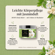 Vorteile der BIOSPA Körperbutter: Grüntee-Extrakt verleiht der Haut einen frischen, sommerlichen Duft, Sheabutter pflegt trockene Haut ohne sie zu beschweren, zieht schneller ein als reichhaltigere Varianten, blumige Jasminnote für die Anwendung am Morgen