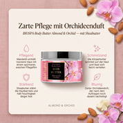 Vorteile der BIOSPA Körperbutter: Mandelöl versorgt trockene Haut mit reichhaltiger Pflege, Orchideenextrakt hinterlässt einen zarten Duft, dichte Butter-Textur für sehr trockene Hautstellen, ergiebiger 350 ml Tiegel