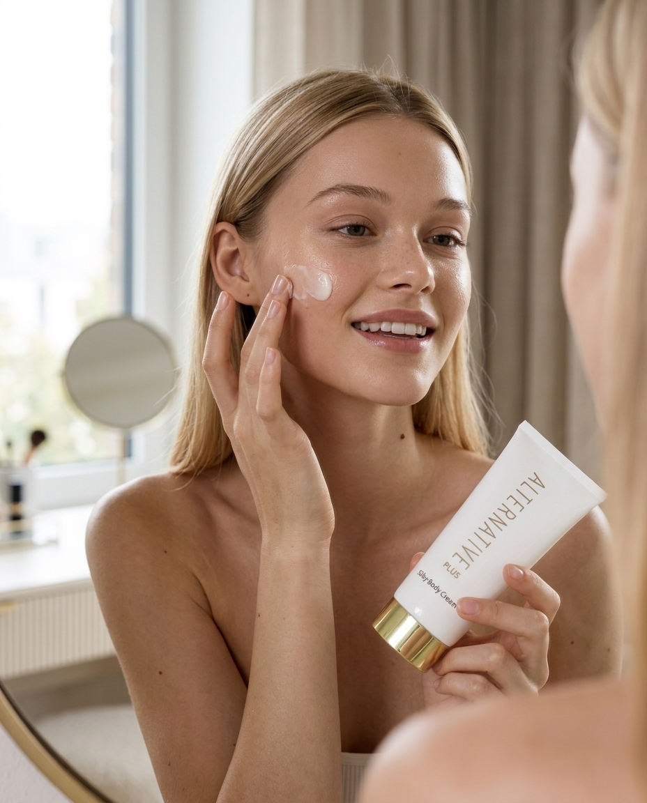 Anwendung der Alternative Plus Silky Body Cream im Gesicht