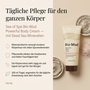 Vorteile der Sea of Spa Körpercreme: Mineralschlamm versorgt trockene Körperhaut mit vielen Spurenelementen, Pflanzenöle stärken die Hautbarriere und halten Feuchtigkeit fest, zieht zügig ein und eignet sich gut für den Morgen, 200-ml-Tiegel für die tägliche Anwendung