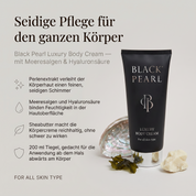 Vorteile der Black Pearl Körpercreme: Perlenextrakt verleiht der Körperhaut einen feinen, seidigen Schimmer, Meeresalgen und Hyaluronsäure binden Feuchtigkeit in der Hautoberfläche, Sheabutter macht die Creme reichhaltig, ohne schwer zu wirken, 200-ml-Tube für die Anwendung ab dem Hals abwärts