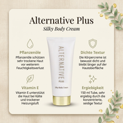 Vorteile der Alternative Plus Körpercreme: Pflanzenöle schützen sehr trockene Haut vor weiterem Feuchtigkeitsverlust, Vitamin E unterstützt die Haut bei Kälte und trockener Heizungsluft, bewusst dichte Textur bleibt länger auf der Hautoberfläche, ergiebige 150-ml-Tube durch die konzentrierte Textur