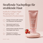 Vorteile der Medicube Kollagen-Gesichtsmaske: Kollagen-Extrakt strafft sichtbar, Niacinamid für ein gleichmäßigeres Hautbild, Hyaluronsäure spendet Feuchtigkeit über Nacht