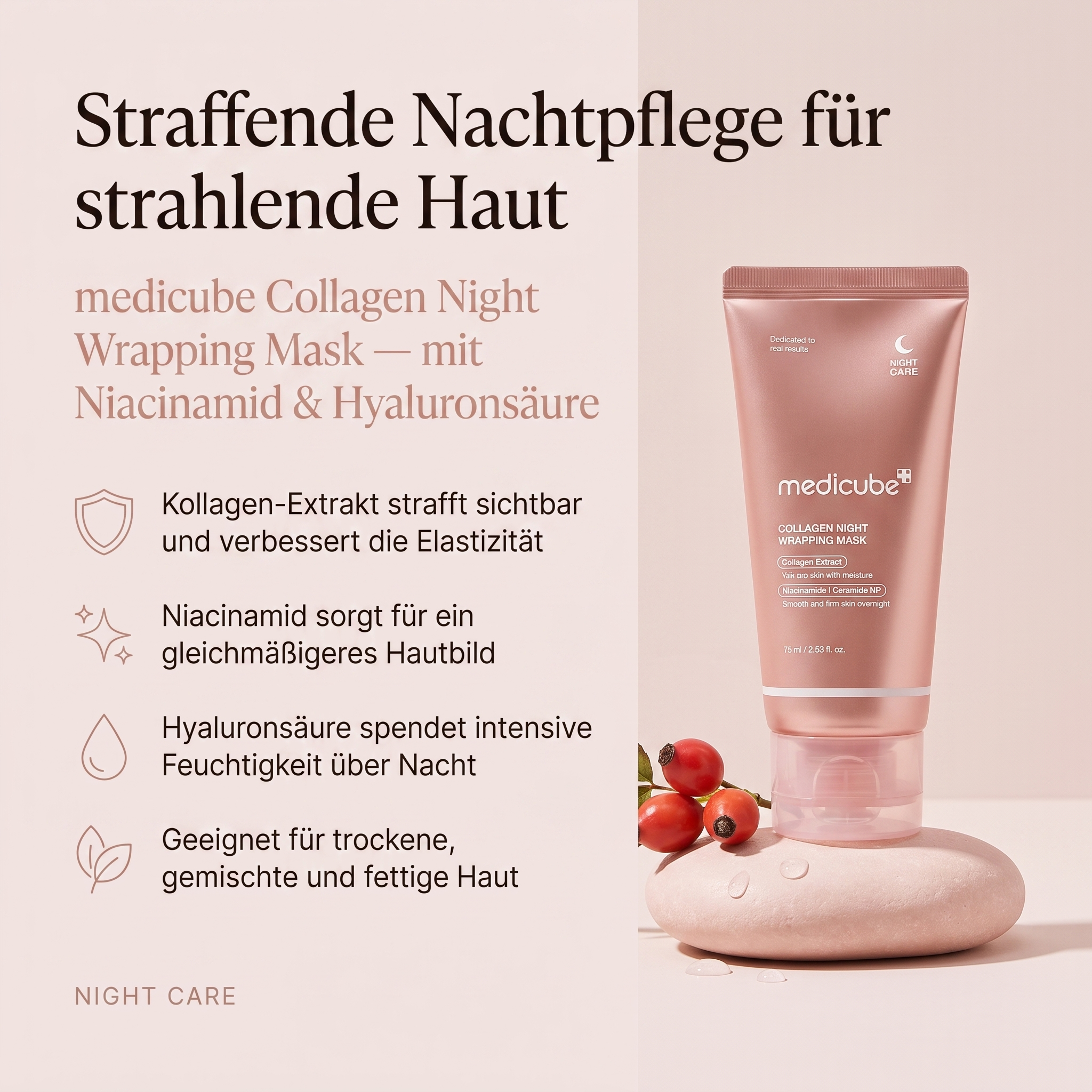 Vorteile der Medicube Kollagen-Gesichtsmaske: Kollagen-Extrakt strafft sichtbar, Niacinamid für ein gleichmäßigeres Hautbild, Hyaluronsäure spendet Feuchtigkeit über Nacht