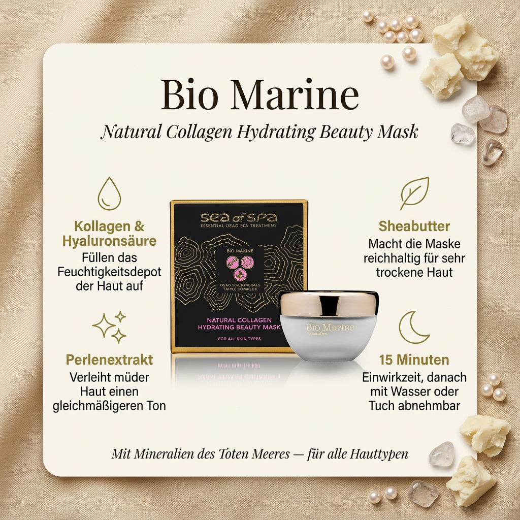 Vorteile der Sea of Spa Bio Marine Kollagenmaske: Kollagen und Hyaluronsäure füllen das Feuchtigkeitsdepot der Haut auf, Sheabutter macht die Maske reichhaltig für sehr trockene Haut, Perlenextrakt verleiht müder Haut einen gleichmäßigeren Ton, 15 Minuten Einwirkzeit für alle Hauttypen