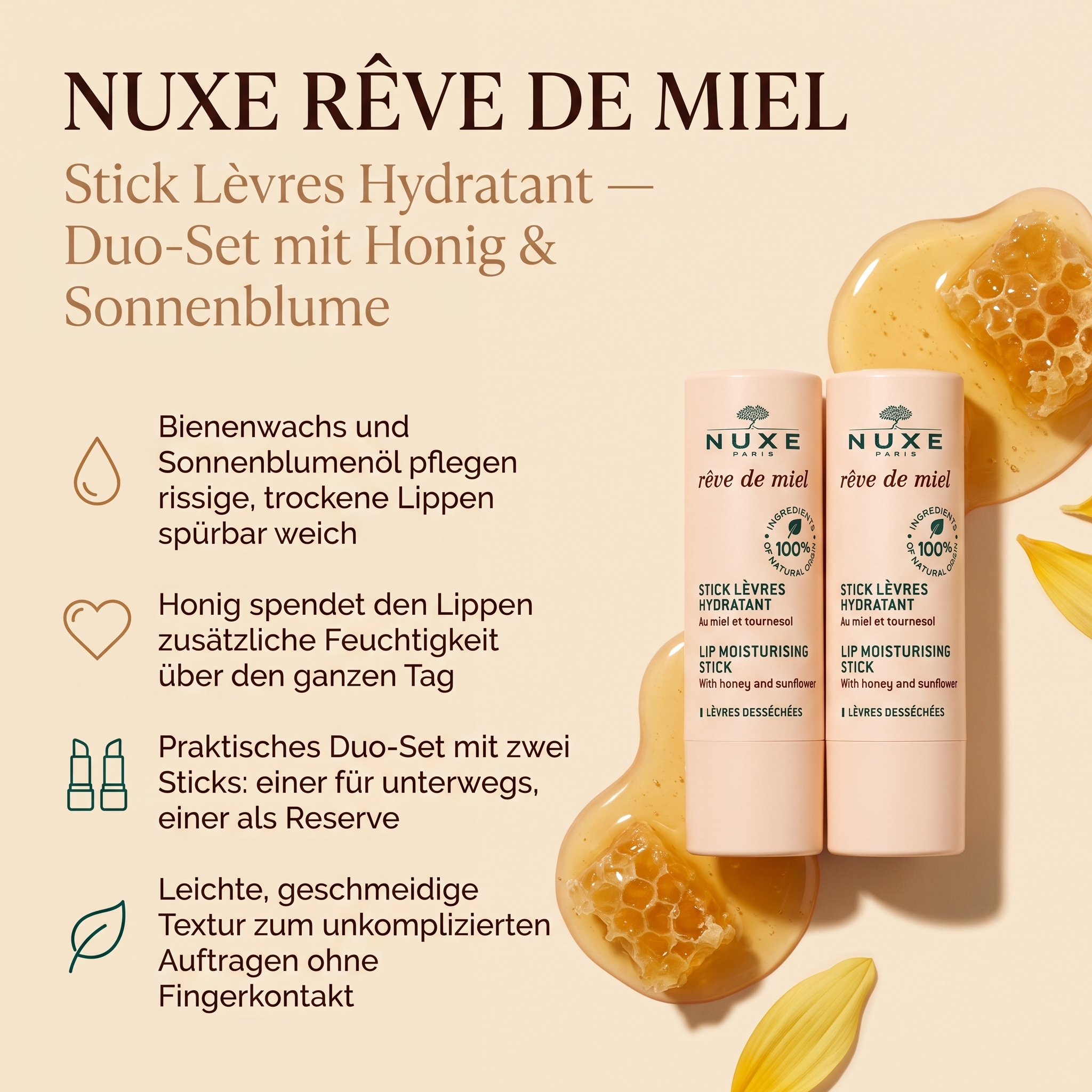 Vorteile des Nuxe Lippenpflegestifts: Bienenwachs und Sonnenblumenöl pflegen rissige Lippen, Honig spendet Feuchtigkeit über den Tag, praktisches Duo-Set, leichte Textur ohne Fingerkontakt