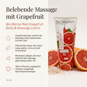 Vorteile der Bio Marine Massagelotion: Grapefruitextrakt verleiht der Massage einen belebenden, frischen Duft, Pflanzenöle lassen die Lotion lange gleiten, ohne schnell einzuziehen, Mineralien pflegen die Haut während der Massage mit, 180-ml-Tube für mehrere Ganzkörpermassagen