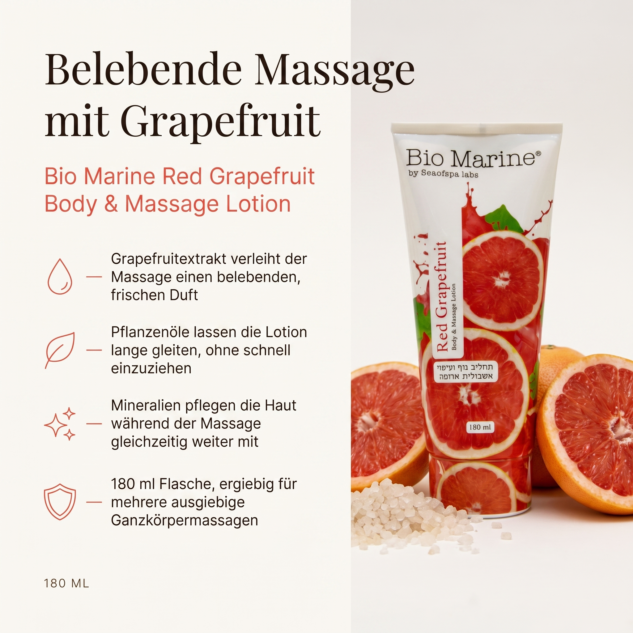 Vorteile der Bio Marine Massagelotion: Grapefruitextrakt verleiht der Massage einen belebenden, frischen Duft, Pflanzenöle lassen die Lotion lange gleiten, ohne schnell einzuziehen, Mineralien pflegen die Haut während der Massage mit, 180-ml-Tube für mehrere Ganzkörpermassagen