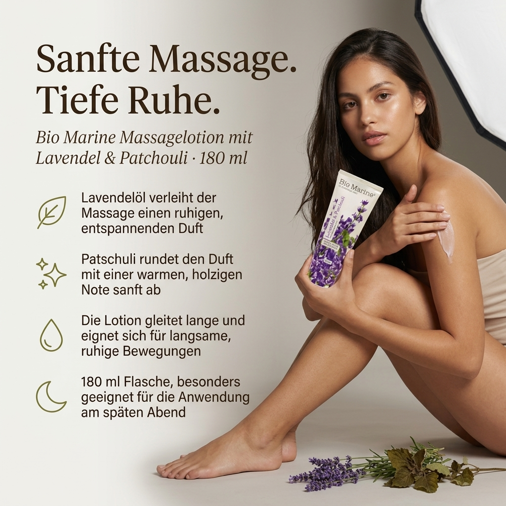 Vorteile der Bio Marine Massagelotion: Lavendelöl verleiht der Massage einen ruhigen, entspannenden Duft, Patschuli rundet den Duft mit einer warmen, holzigen Note sanft ab, die Lotion gleitet lange für langsame, ruhige Bewegungen, 180-ml-Tube besonders geeignet für den späten Abend